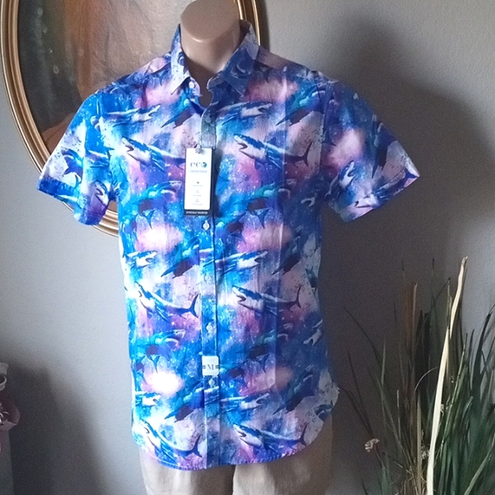 NEW Cactus Man men's Blue Purple Shark Print Eco Conscious Shirt. Medium